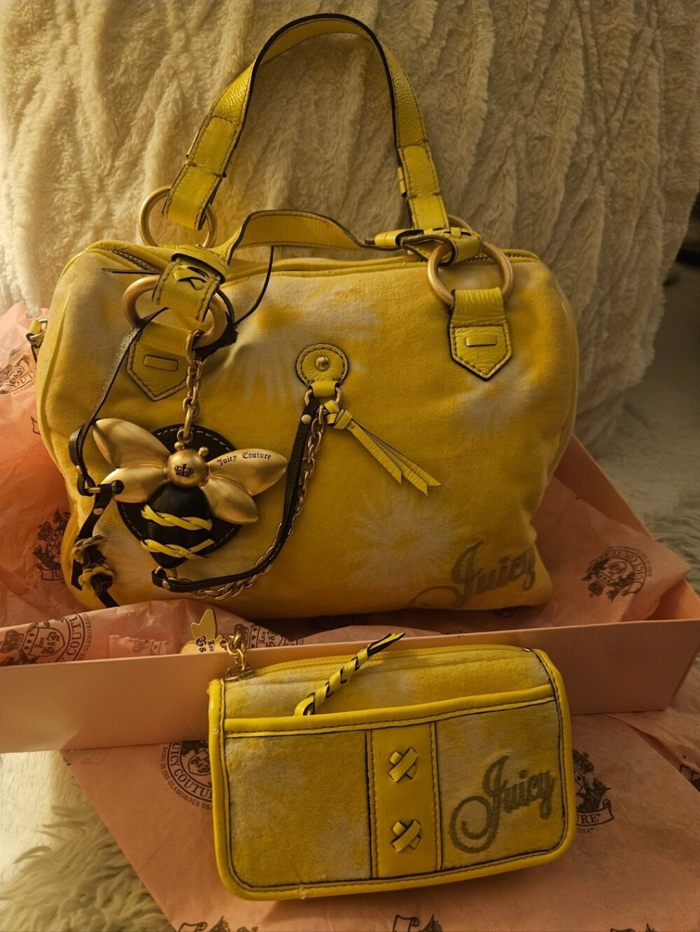 2 Pc. Rare Juicy Couture Bumblebee Yellow Velour Satchel with Matching Wallet